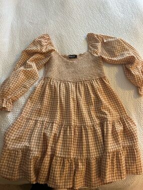 Blue B Collection Smocked Gingham Mini Dress in Tan